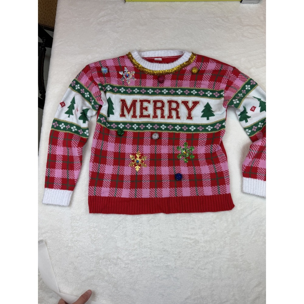Holiday Time Womens M Red Plaid Merry Christmas Sweater Sequin Snowflake Pom Pom